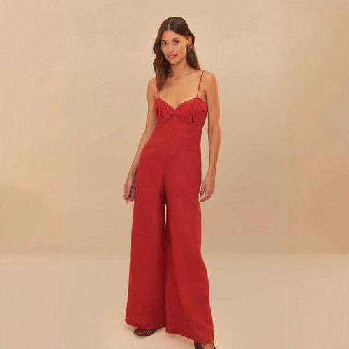 Dame Elegant jumpsuit med voluminøse flæsedetaljer og flydende snit Skovae