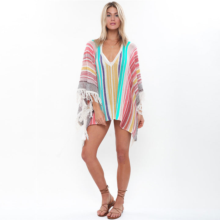 Dame Strandponcho med farverigt frynse-design Stilla