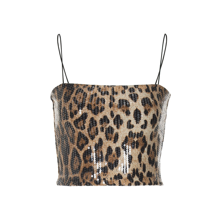 Dame Glitrende Leopardmønster Crop-Top med fine Spaghettistropper Stilla