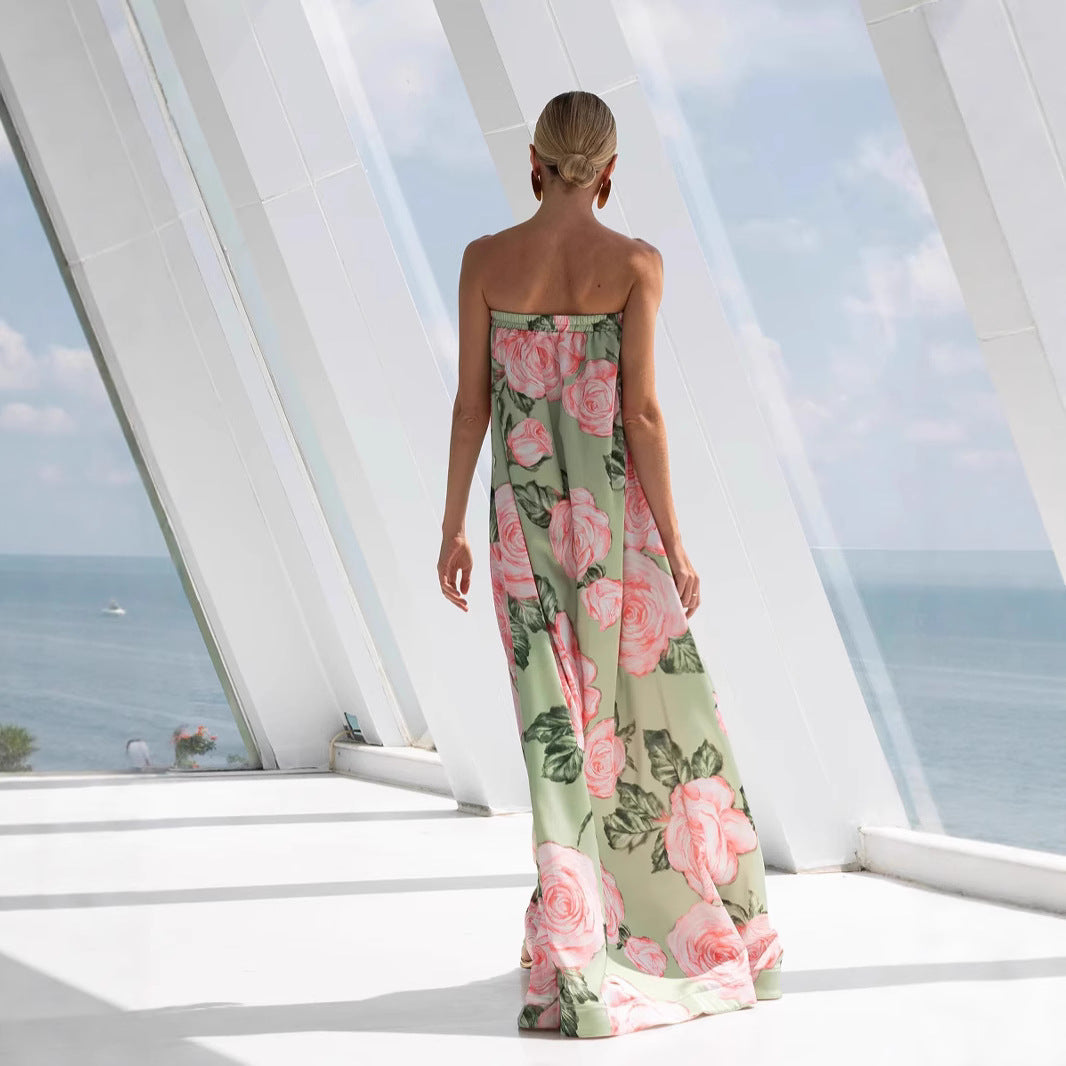 Damer Elegant Maxikjole med blomsterdesign og elastisk overdel Skovae