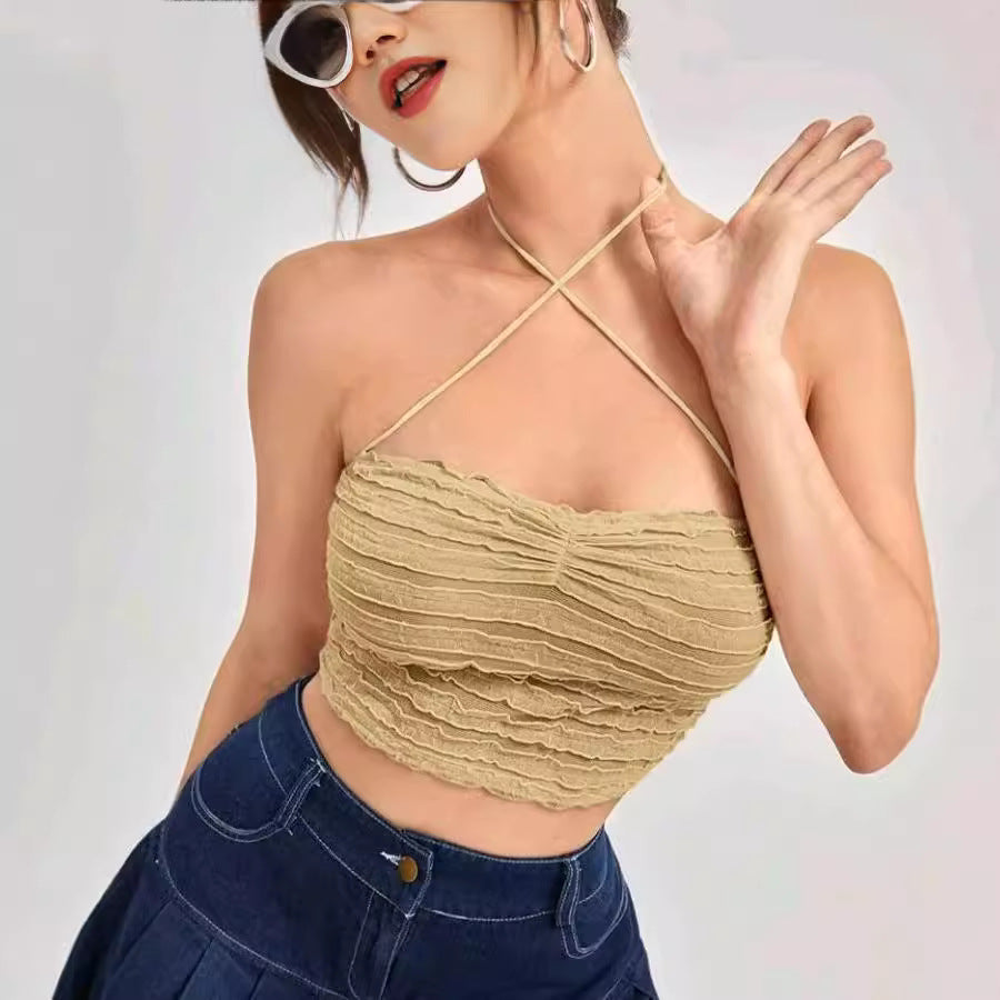Dame Crop-Top med ruflede design og fine stropper Skovae