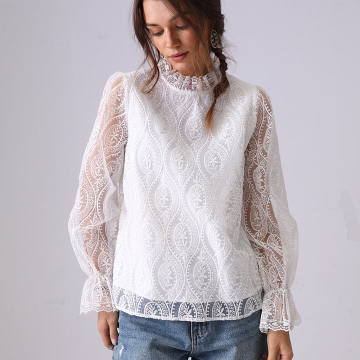 Dame Elegant Spids Overlay Bluse Stilla