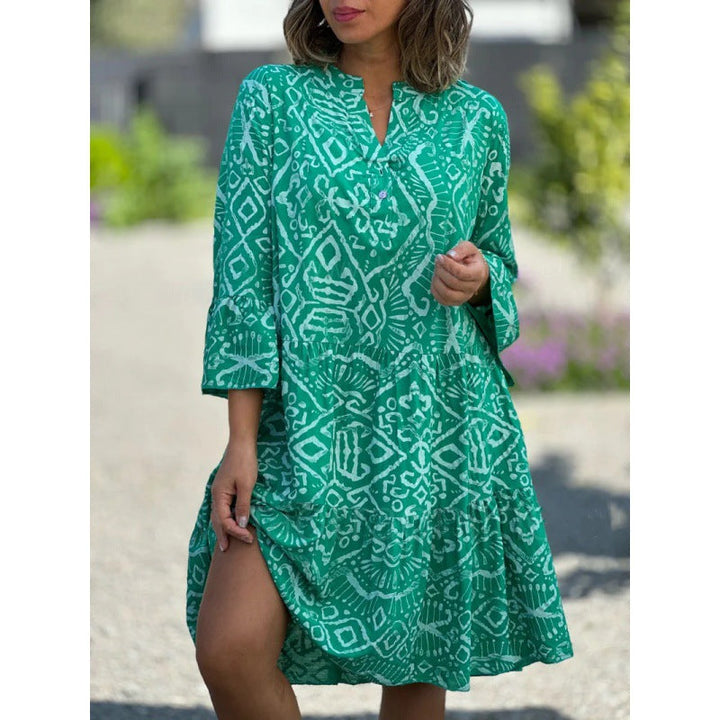 Stilla | Chic V-hals Flared Sleeve Cake Print Spliced Kjole