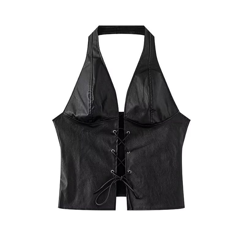 Dame Halter Neck Faux Leather Crop Top med snørredetail Stilla