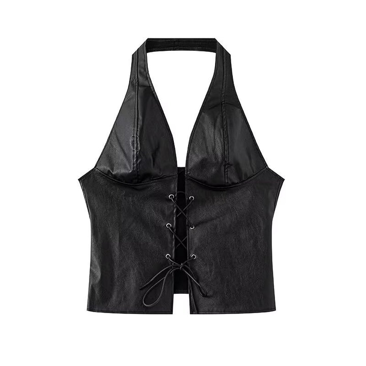 Dame Halter Neck Faux Leather Crop Top med snørredetail Stilla