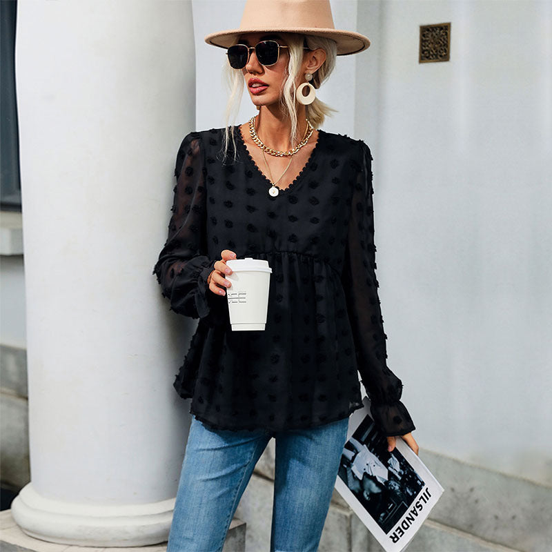 Dame elegant Puffærme bluse med struktureret prikkemønster Stilla