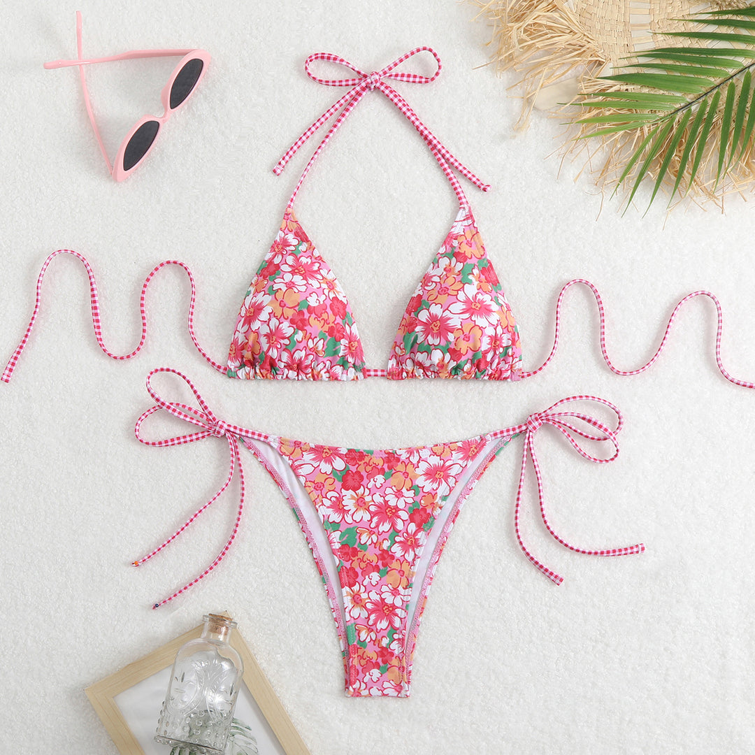 Dame Triangel-Bikini-Sæt med legesygt blomsterprint og fine bindebånd Skovae