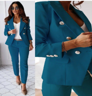 Dame elegant blazer-dragt-sæt med dobbeltradet blazer og smalt skårne bukser Stilla