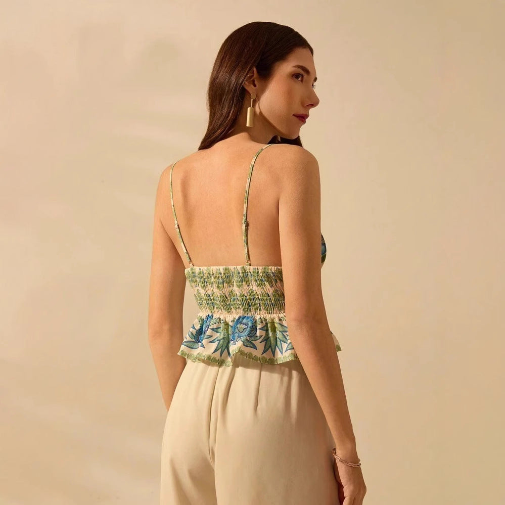 Dame rynkebluse med floralt design og V-udskæring Stilla