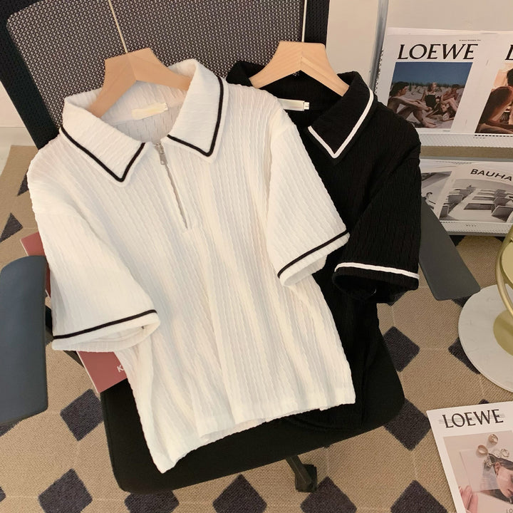 Femme Zip-Up Polo-Top med kontrastdetaljer Stilla