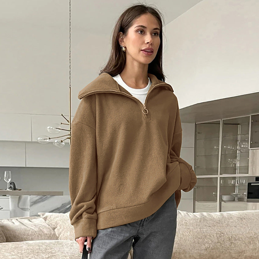Dame hyggelig fleece-pullover med høj krave og lynlås Stilla