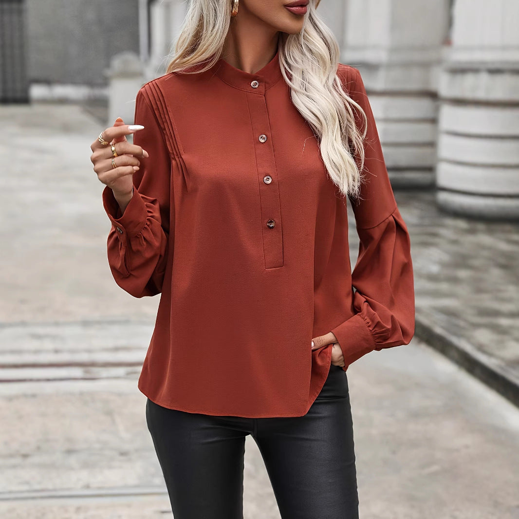 Dame elegant Bluse med højhalset krave og pufærmer Stilla