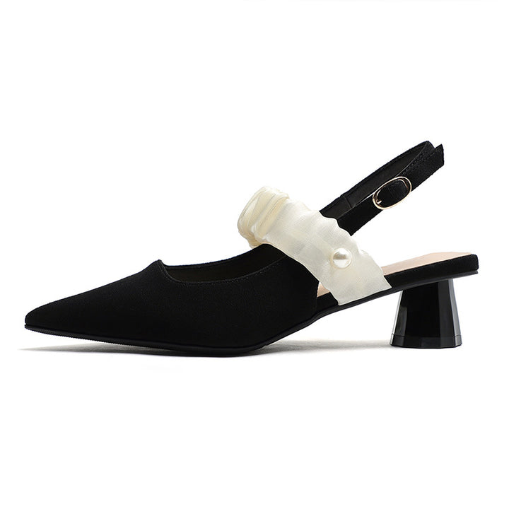 Kvinder Chic Spidse Tå Slingback Hæle med dekorativ Satin Flæse Stilla