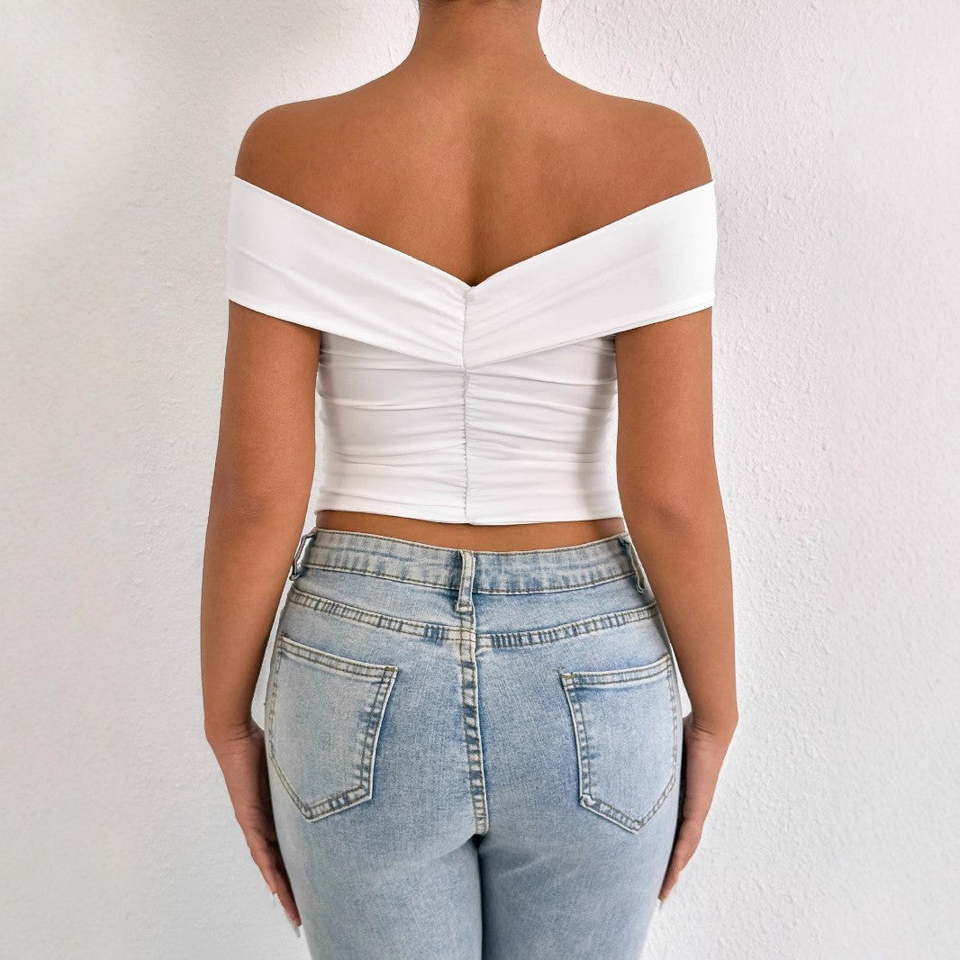 Dame skulderfri top med elegant drapering Skovae