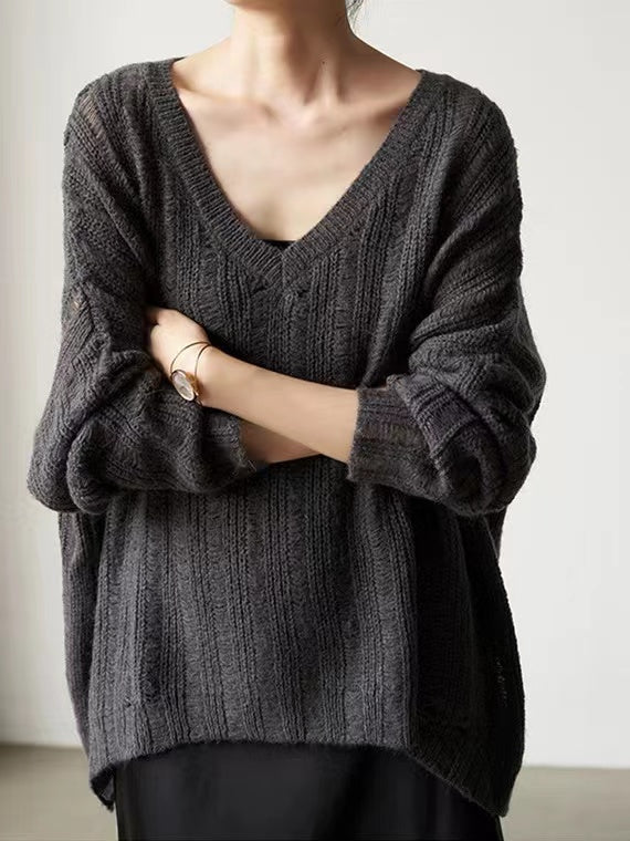 Femme Tekstureret V-Udskæring Oversized Strikpullover Stilla