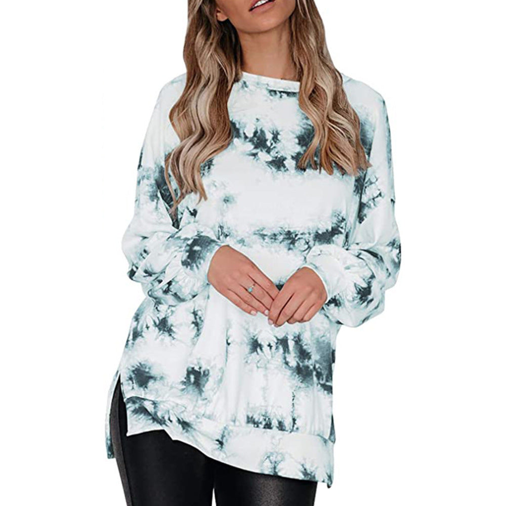 Dame afslappet sweatshirt med moderne tie-dye mønster og asymmetrisk kant Stilla