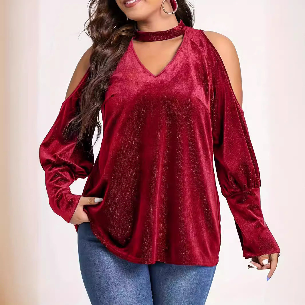 Dame elegant V-hals top med cut-out ærmer og glinsende materiale Stilla
