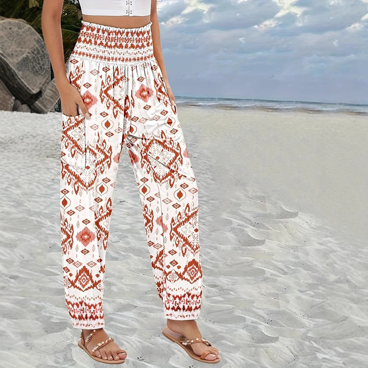 Dame elegant og komfortabel strandbukser med elastisk talje og farverigt paisley-mønster Stilla