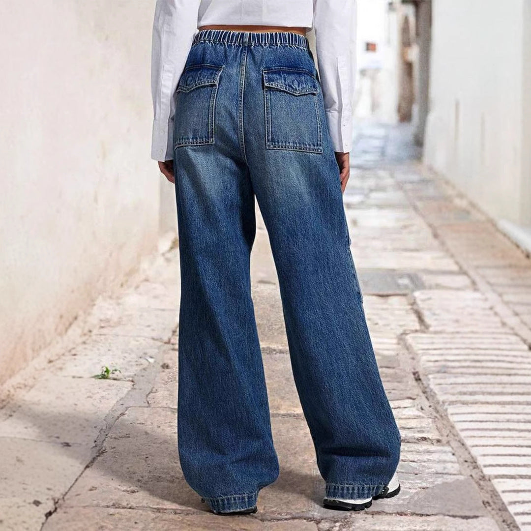 Dame brede denimbukser med elastisk talje og høje lommer Skovae