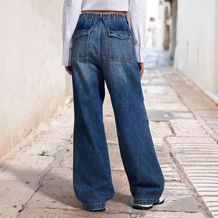 Dame brede denimbukser med elastisk talje og høje lommer Skovae