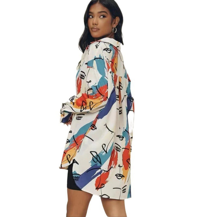 Femme Kunstnerisk Print Oversize Knap-Up Skjorte Stilla