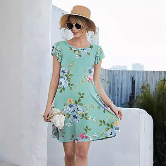 Kvindernes sommerblomstret kjole med ruffles og flagrende nederdel Stilla