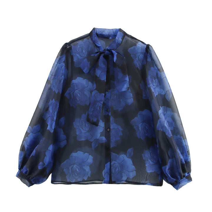 Femme Gennemsigtig Bluse med Blomstertryk og Slips-halsdetalje Stilla