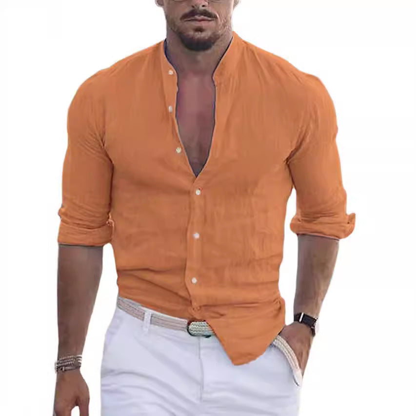 Herre casual linnedshirt med moderne ståkrave og praktisk knaplukning Stilla