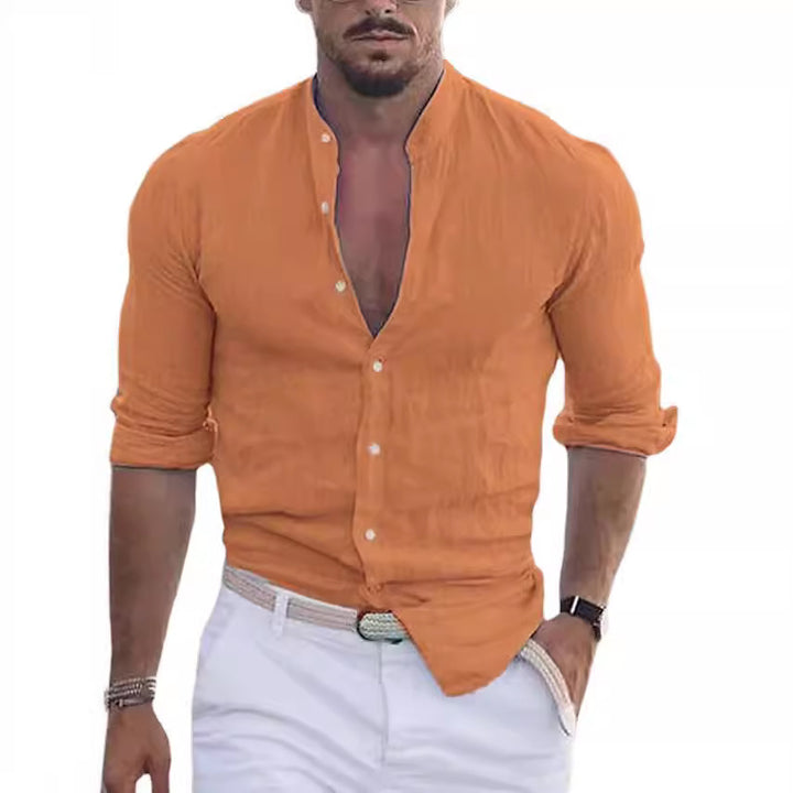 Herre casual linnedshirt med moderne ståkrave og praktisk knaplukning Stilla
