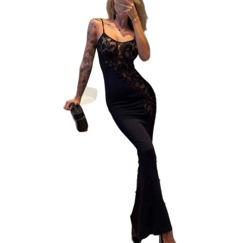 Damer Elegant Spids-Maxi-Kjole med Spaghetti-Stropper og Figurformende Snit Skovae
