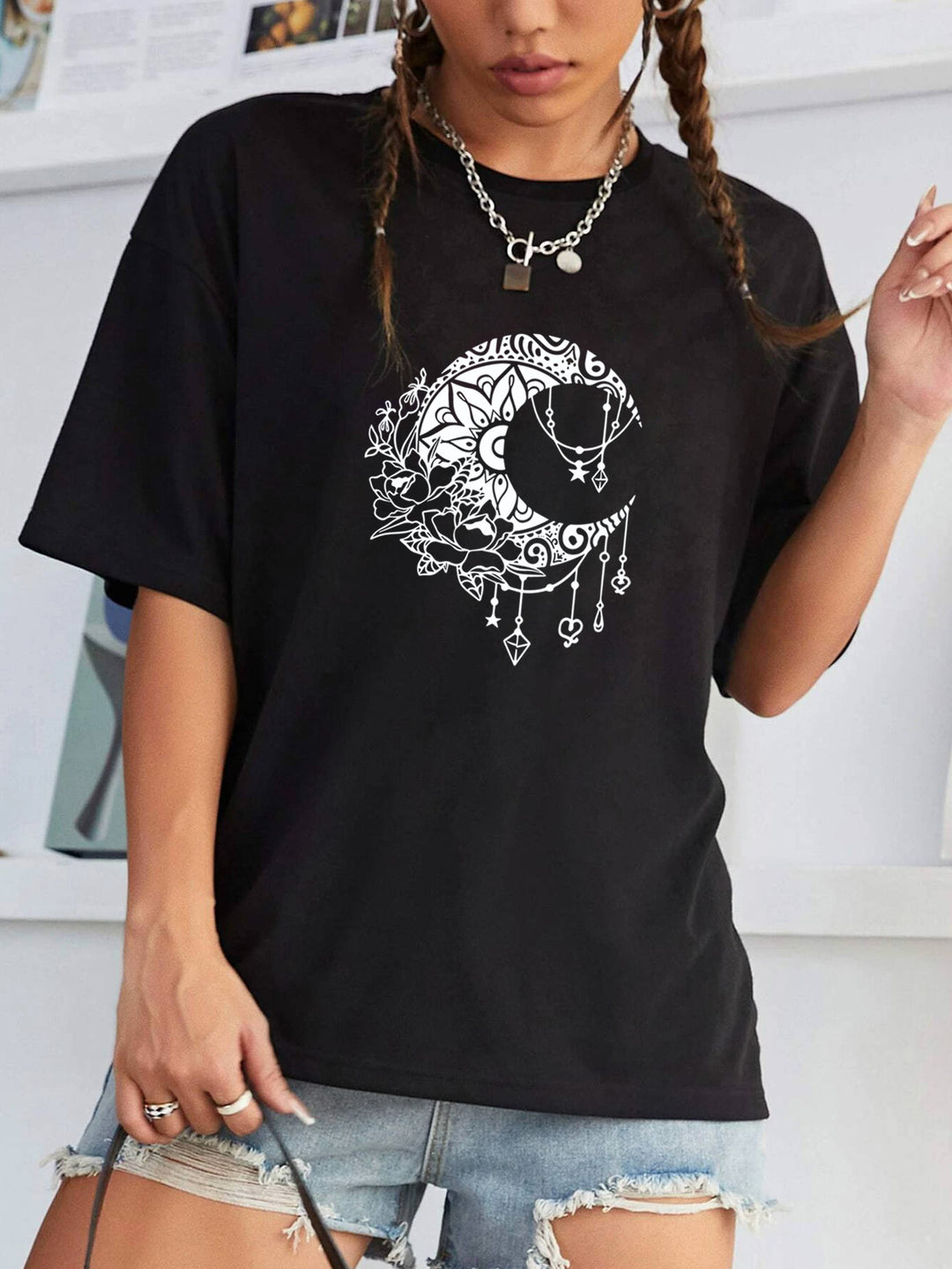Dame afslappet T-shirt med kreativt månemønster Stilla