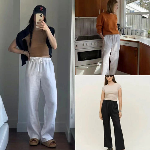 Damer casual linnedbukser med elastisk talje og bredt skåret ben Stilla