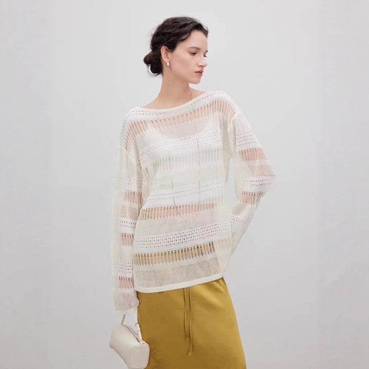 Kvindes luftig strikket pullover med trendy blonde mønster Stilla
