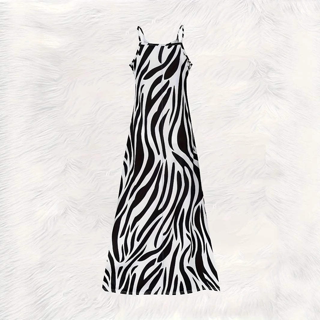 Dame Maxikjole i moderne zebra-design med smalle stropper og flydende silhuet Stilla