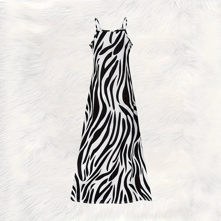 Dame Maxikjole i moderne zebra-design med smalle stropper og flydende silhuet Stilla