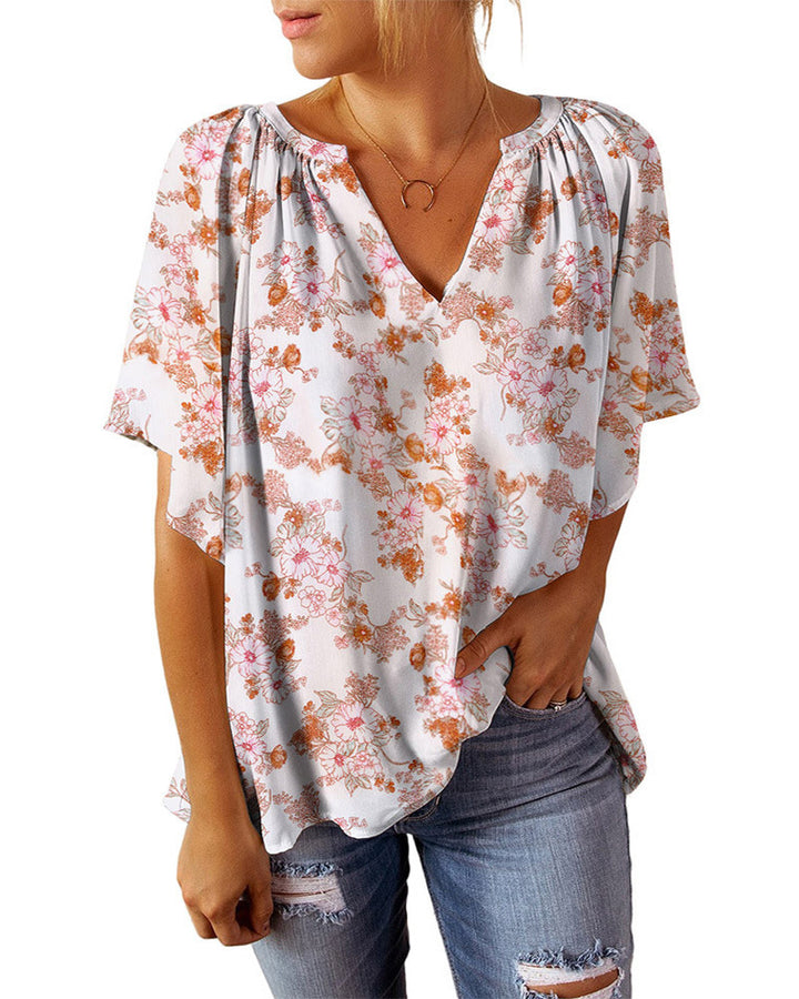Dame blomster mønster V-hals bluse Stilla