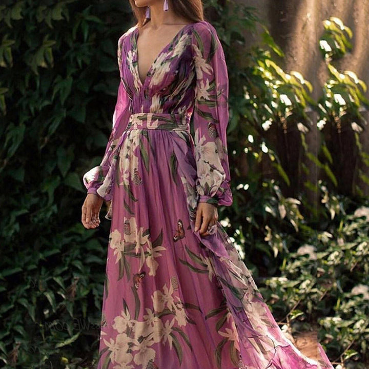 Dame Maxi-kjole med blomster chiffon og elegant flæse Stilla
