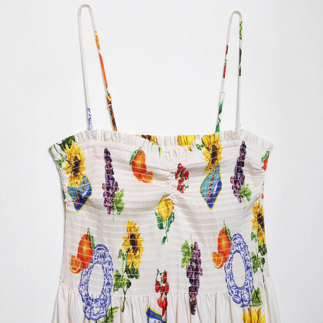 Femme Smocked Maxi Kjole med livligt Frugtprint Stilla
