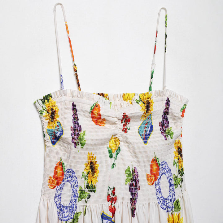 Femme Smocked Maxi Kjole med livligt Frugtprint Stilla