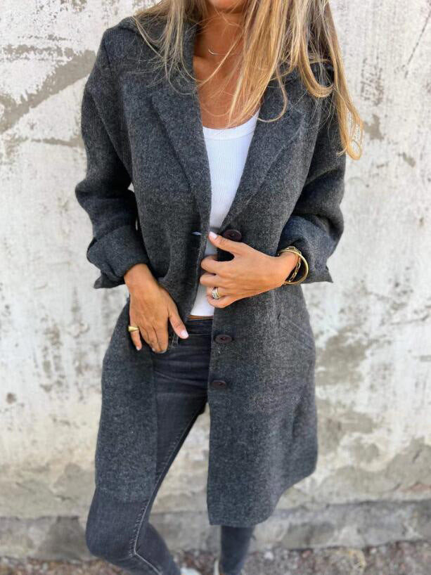 Dame Casual Uldfrakke med store lommer og dekorative knapper Stilla