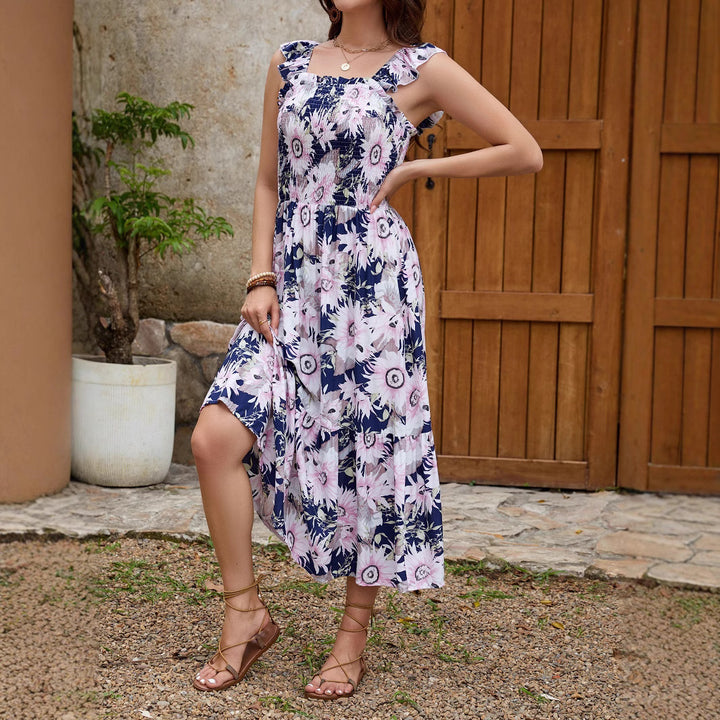 Femme Smocked Floral Maxi Kjole med Rüschen-stropper Stilla