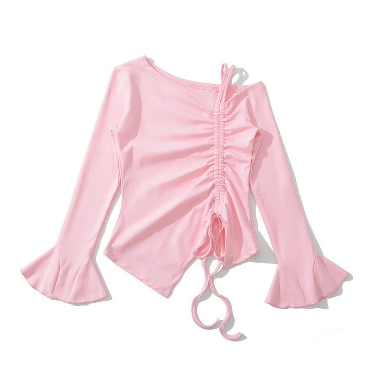 Dame asymmetrisk langærmet overtøj med elegant draperet design og fashionable ruffle detaljer Stilla