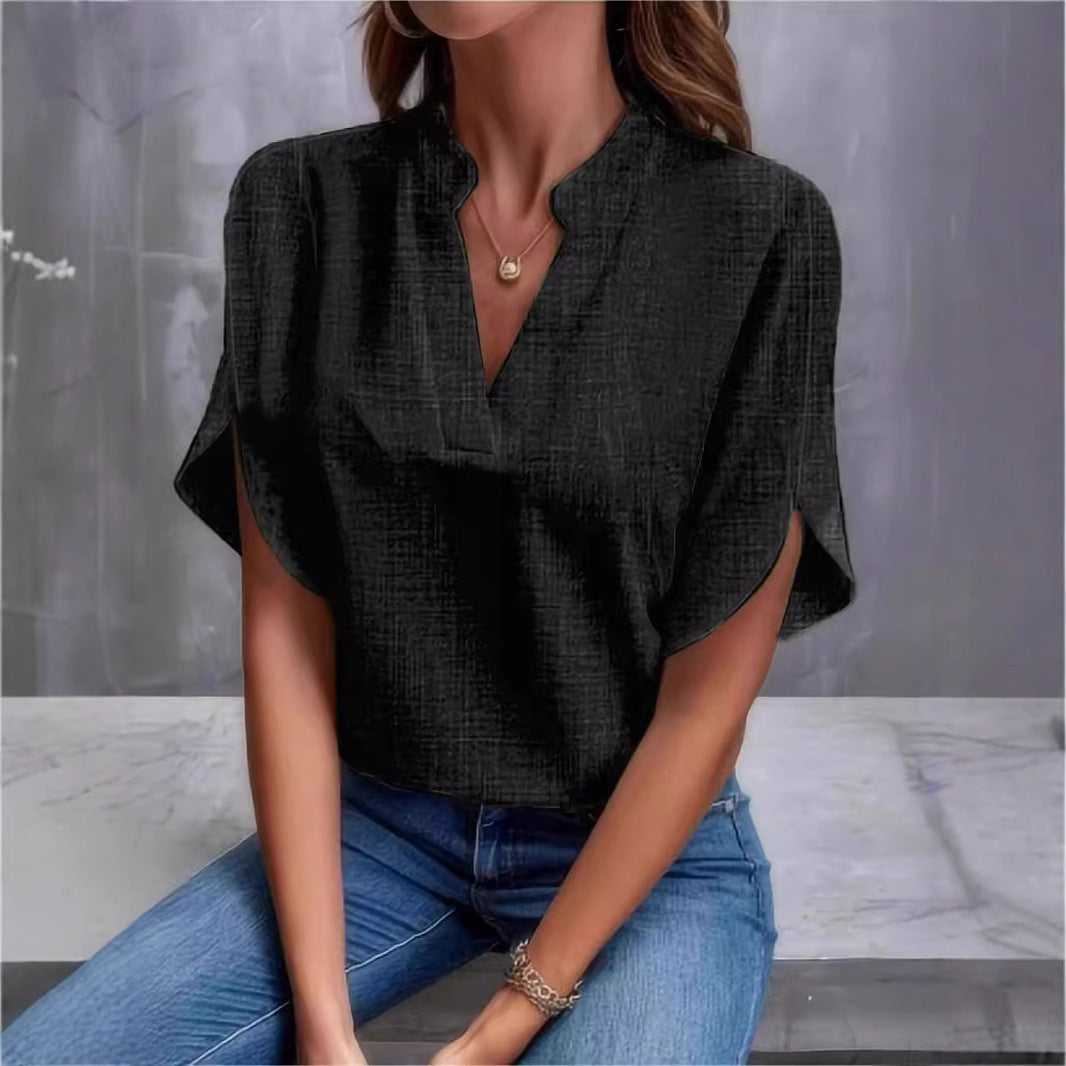 Dame elegant kortærmet bluse med moderne ståkrave og casual sideslidser Stilla