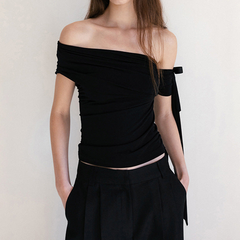 Dame Off-Shoulder Top med ruffle detaljer og gennemsigtig ærme Skovae