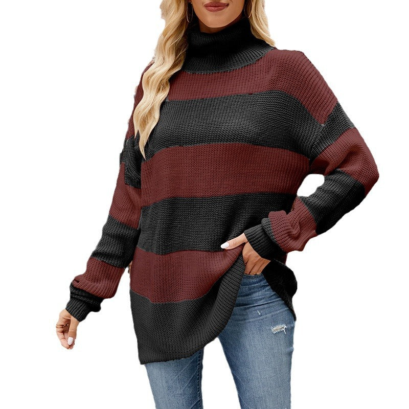 Dame Oversized Strikpullover med Høj Krave og Moderne Strømmønster Stilla