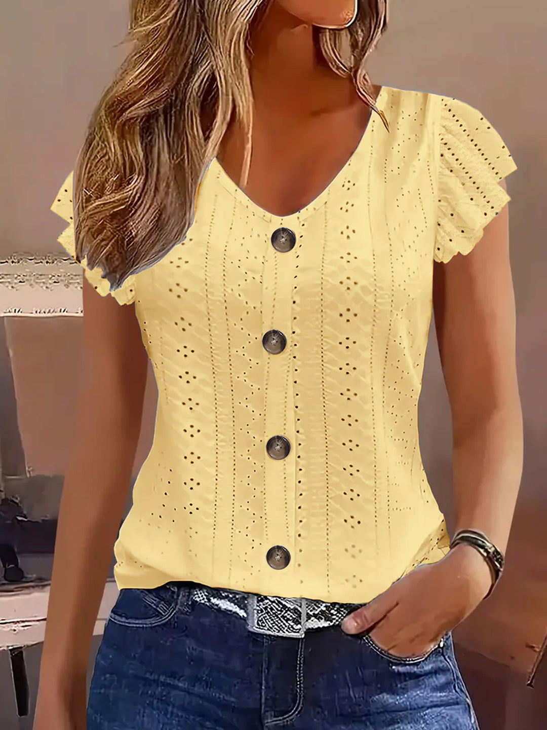 Dame elegant bluse med volangærme Stilla