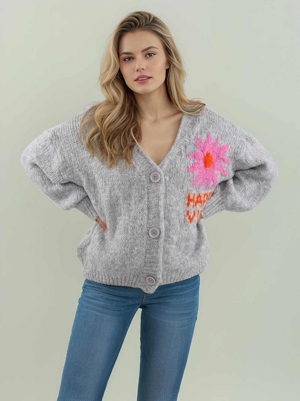 Damer legende cardigan med farverigt blomstermønster og store knapper Stilla