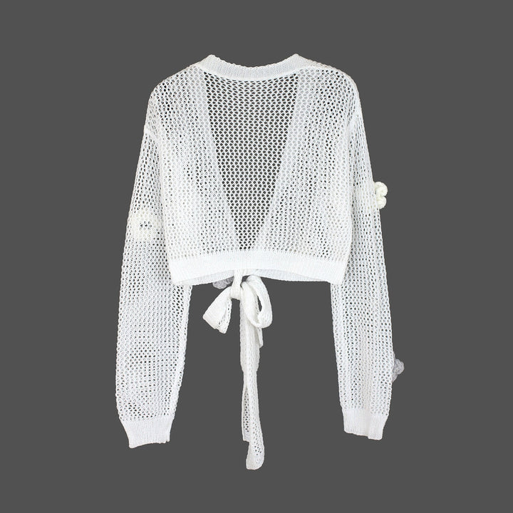 Dame luftig strikcardigan med blomstret design og bundet kant Stilla