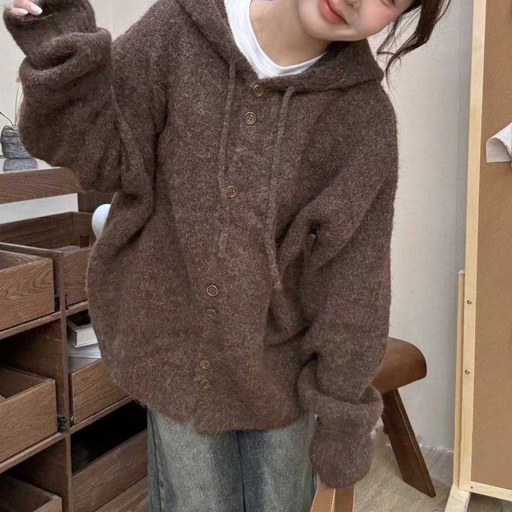 Dame Oversized Strik-Hoodie-Cardigan med Knapdetalje Stilla