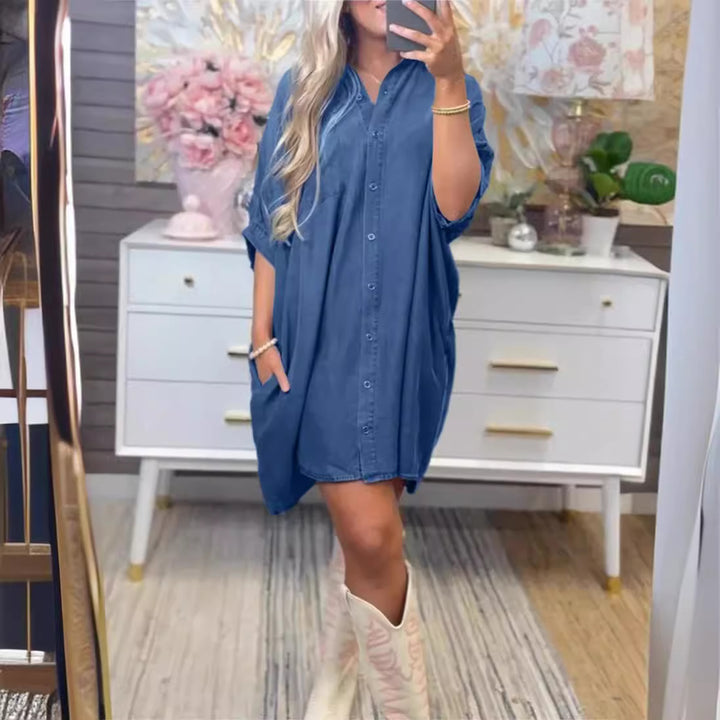 Dame Størrelse Denim-Sk Shirt kjole med praktiske lommer og afslappet snit Stilla